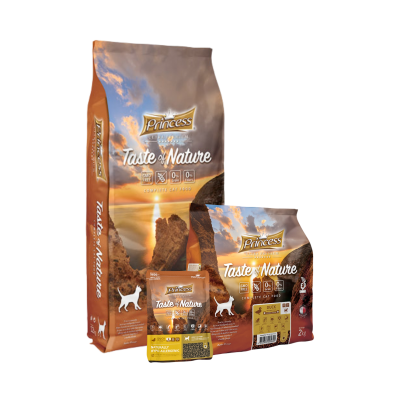 Princess Taste of Nature DUCK Hairball суха храна за котки - 0.350гр./2 кг.Беззърнена формула с патешко месо и сладки картофи. Вкусна и лесно смилаема. Укрепва имунната система и поддържа черния дроб здрав.