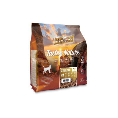 PRINCESS TASTE OF NATURE Sterilized (White Meat) суха храна за котки с бяло пилешко месо 2кг.Беззърнена формула отговарящи на хранителните нужди на кастрирани котки с наднормено тегло и котки, отглеждани на закрито.