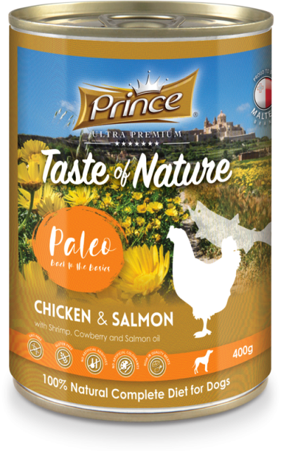 Консерва за кучета с пилешко месо, сьомга със скариди, червени боровинки и масло от сьомга TON PALEO CHICK SALM 400gr