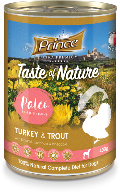 Консерва за кучета с пуешко и пъстърва с броколи, кориандър и ананас TON PALEO TURKEY TROUT 400gr
