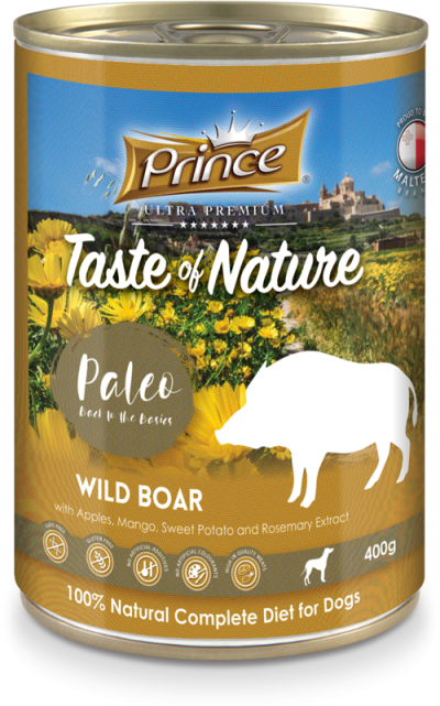 Консерва за кучета с месо от диво прасе, ябълки, манго, сладки картофи и екстракт от розмарин TON PALEO WILD BOAR 400gr