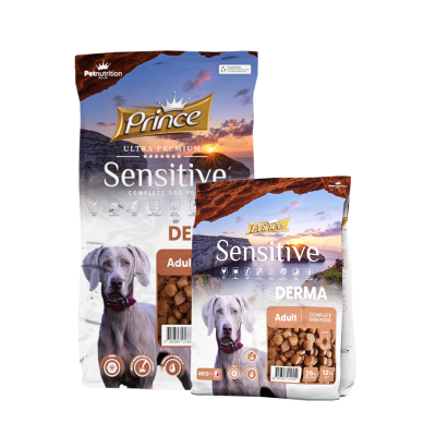 Гранули за чувствителни кучета с кожни проблеми PRINCE SENSITIVE DERMA 4KG - за средни и едри породи