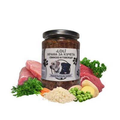 Домашна храна за кучета с Говеждо, Свинско и Зеленчуци – LOLI буркан 500 г