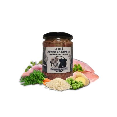 Домашна храна за кучета с Пилешко, Пуешко и Зеленчуци – LOLI буркан 500 г
